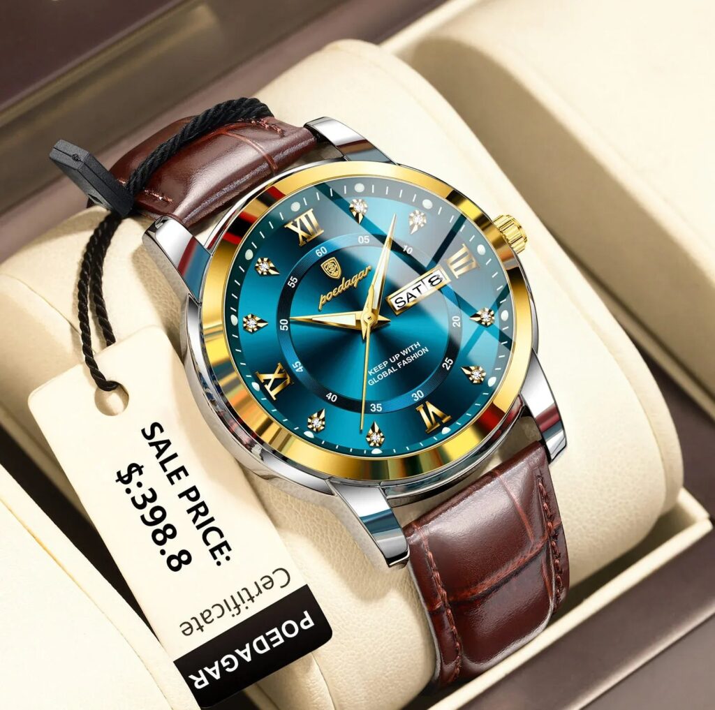 POEDAGAR 936 - ساعة رجالية فاخرة جلدية مقاومة للماء